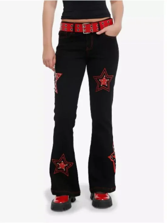 Social Collision Jeans Size 5 Red Star Studded Black Flare Belted Goth Y2K NWT - Picture 1 of 12